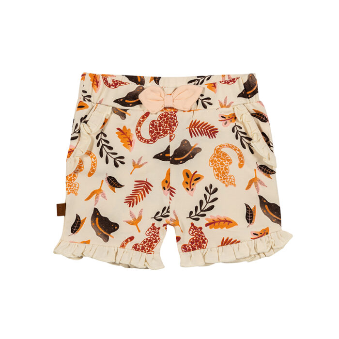 Ontdek de vrolijke Jungle T-shorts van Frogs and Dogs met superleuke print, elastiek in de taille en mooie ruches aan de broekspijpjes. Perfect voor avontuurlijke kleintjes!